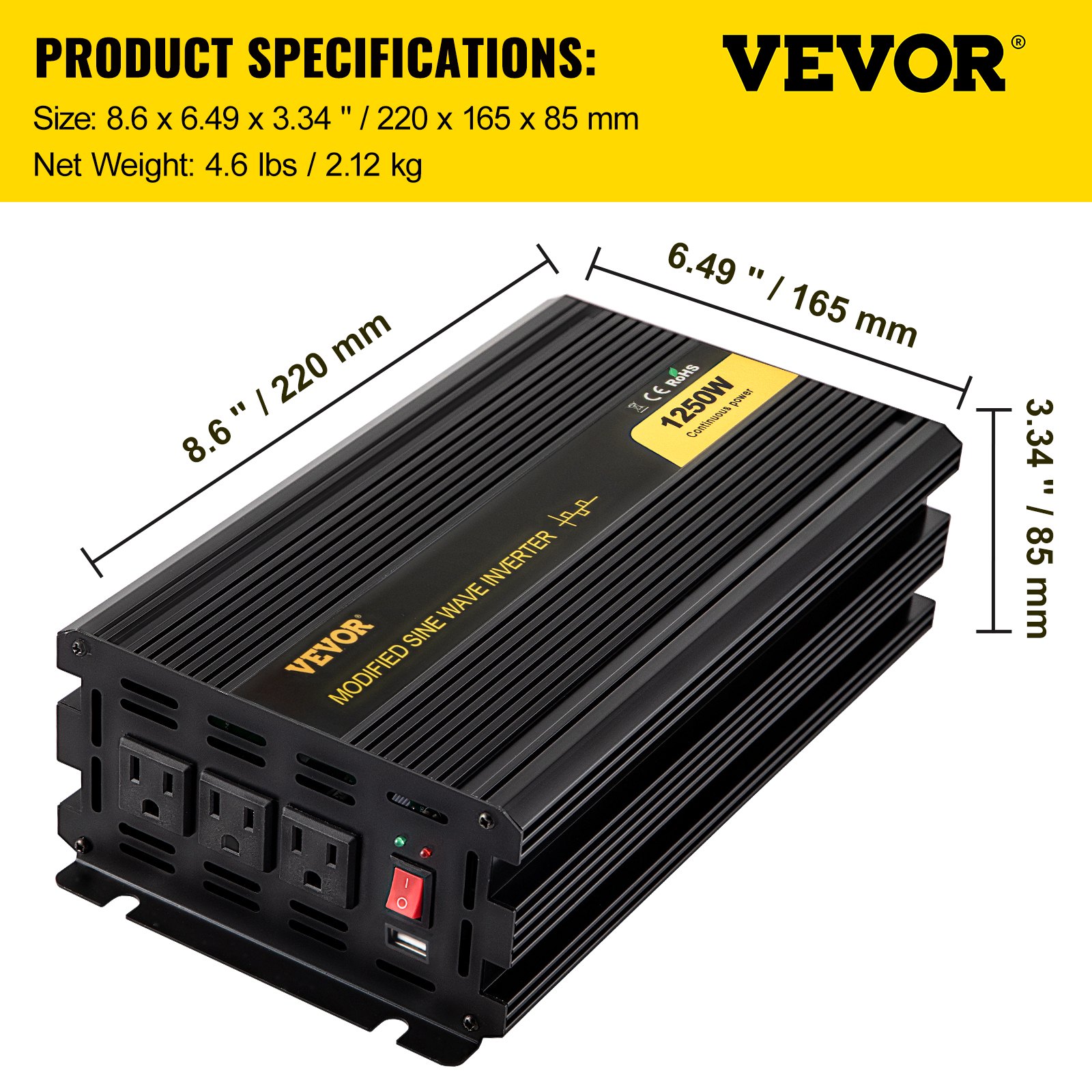 Inversor de corriente VEVOR, 1250w, negro, con dimensiones 8,6&quot;x6,49&quot;x3,34&quot;.