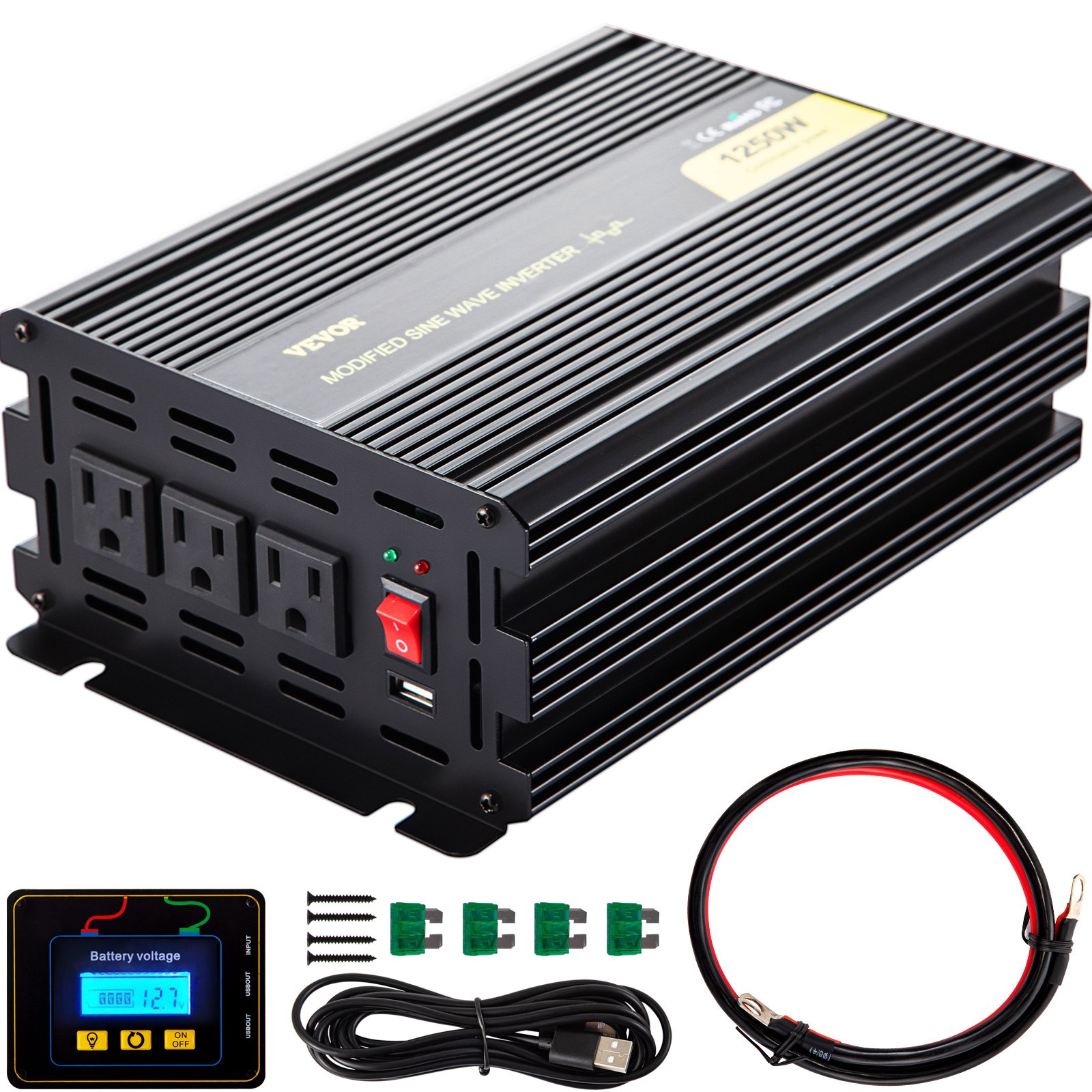 Inversor de corriente VEVOR con pantalla LCD, cables y fusibles para una conversión de energía eficiente.