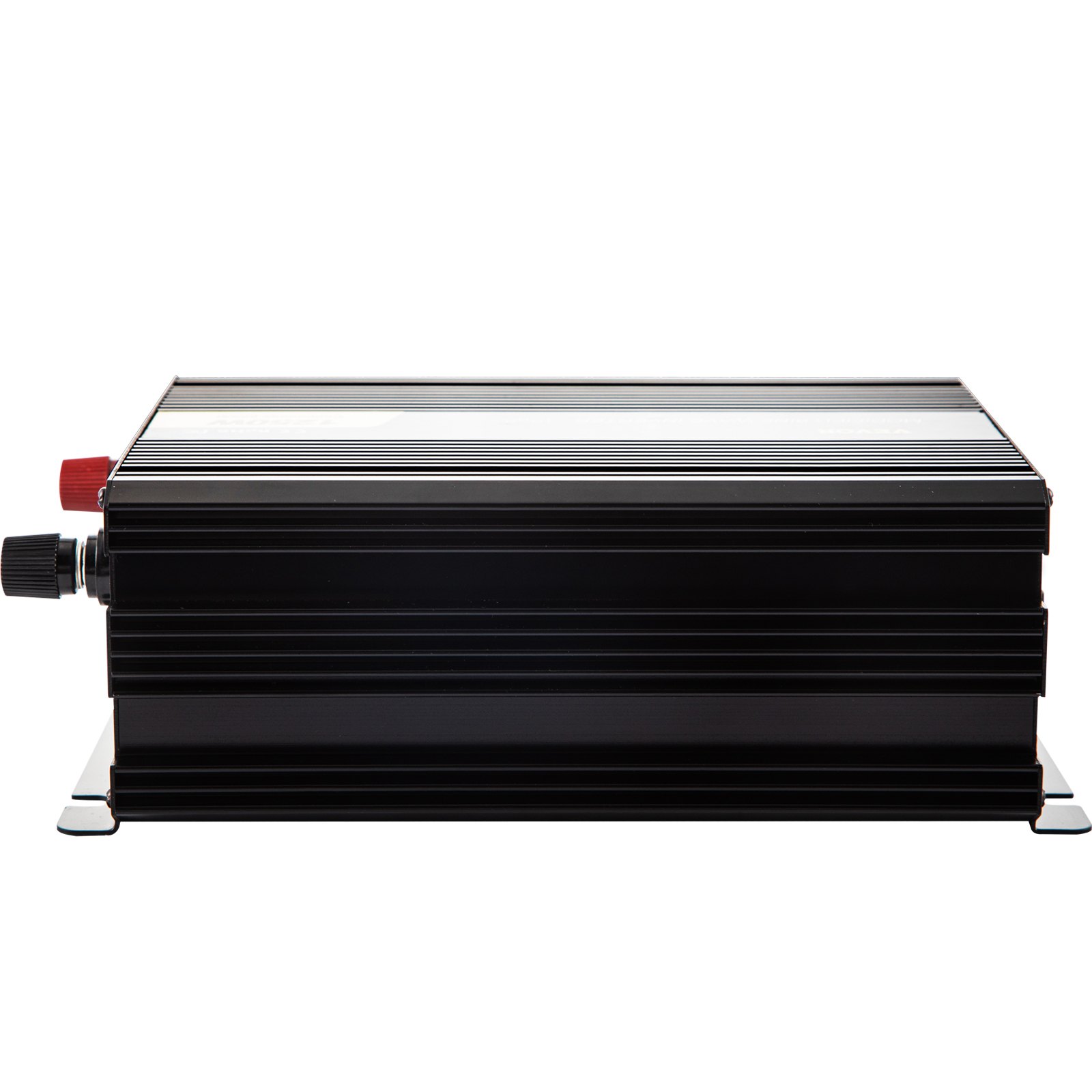 Inversor de corriente VEVOR negro con diseño acanalado y conectores rojos y negros.