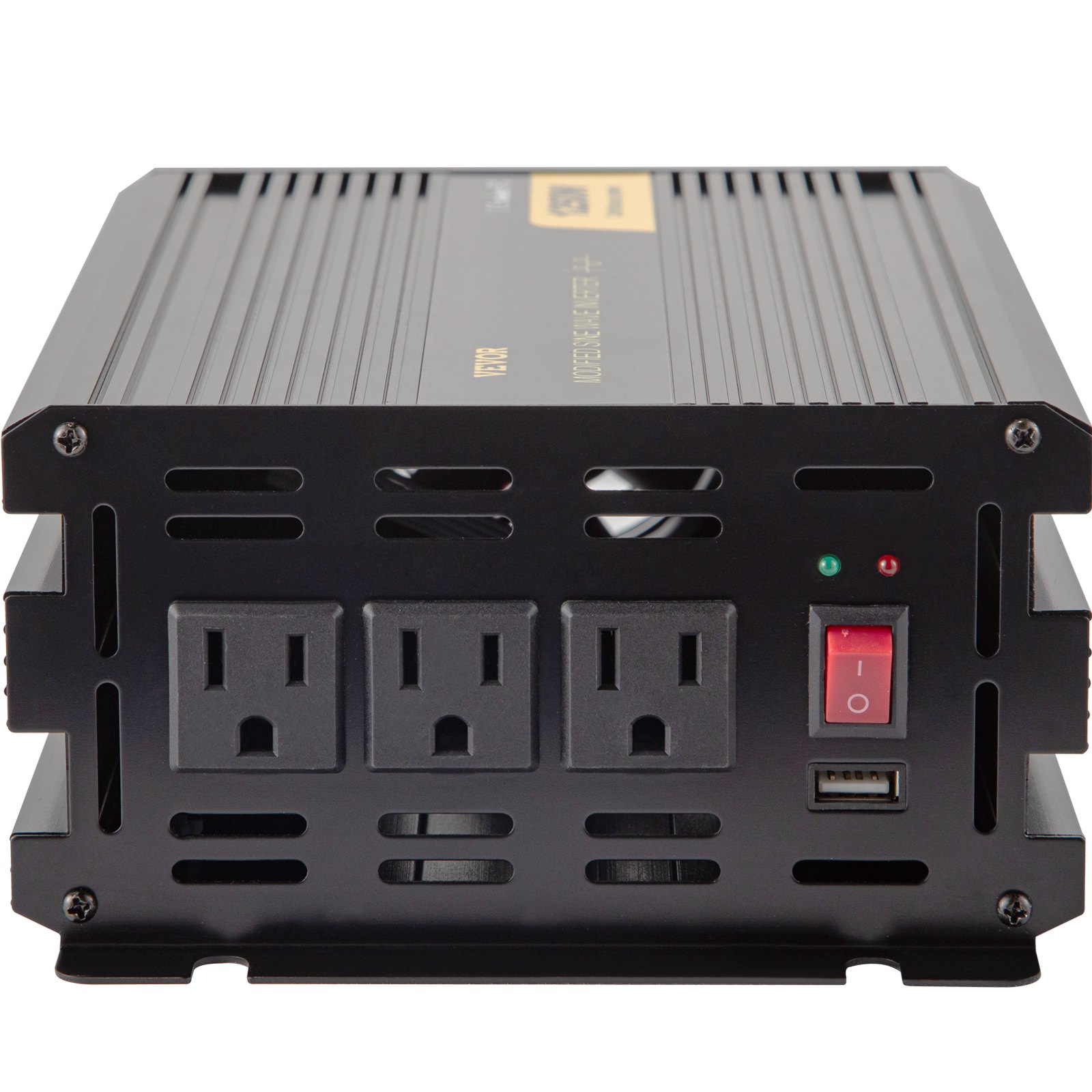 Inversor de corriente VEVOR negro con tres salidas y un interruptor de encendido/apagado.