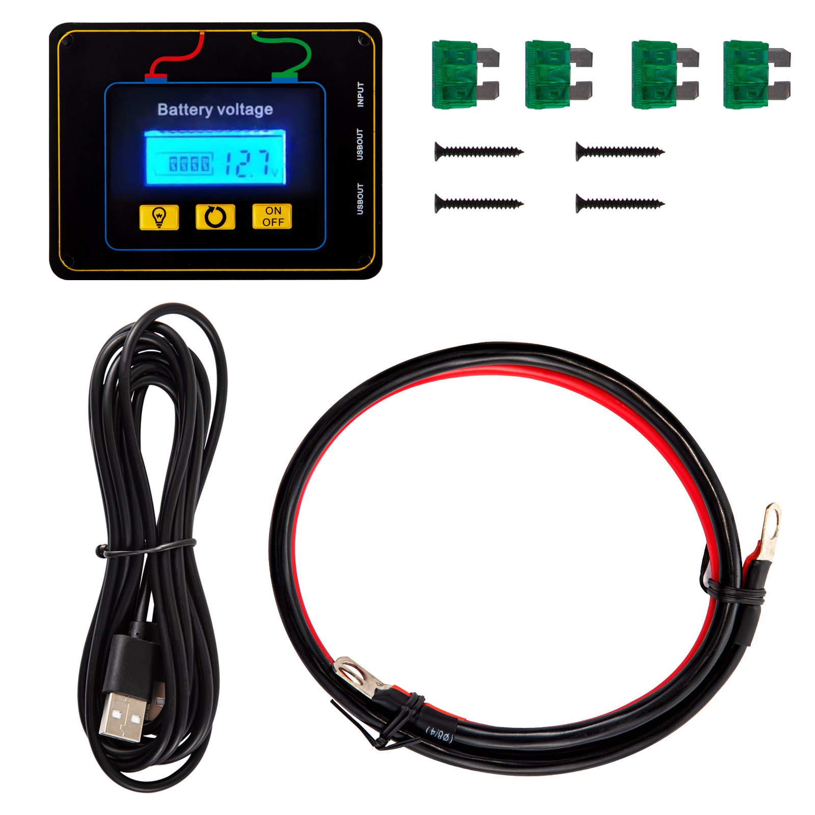 Kit inversor de corriente VEVOR con pantalla digital, cables y fusibles.