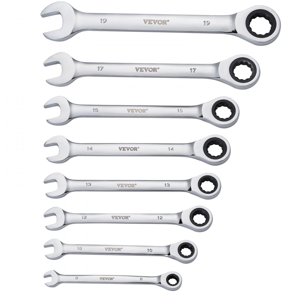 Juego de llaves combinadas VEVOR, juego de 8 llaves de carraca con soporte organizador, juego de llaves de acero Cr-V métricas de 8 mm a 19 mm, ideal para uso doméstico general, garaje, taller, reparaciones de automóviles y emergencias.
