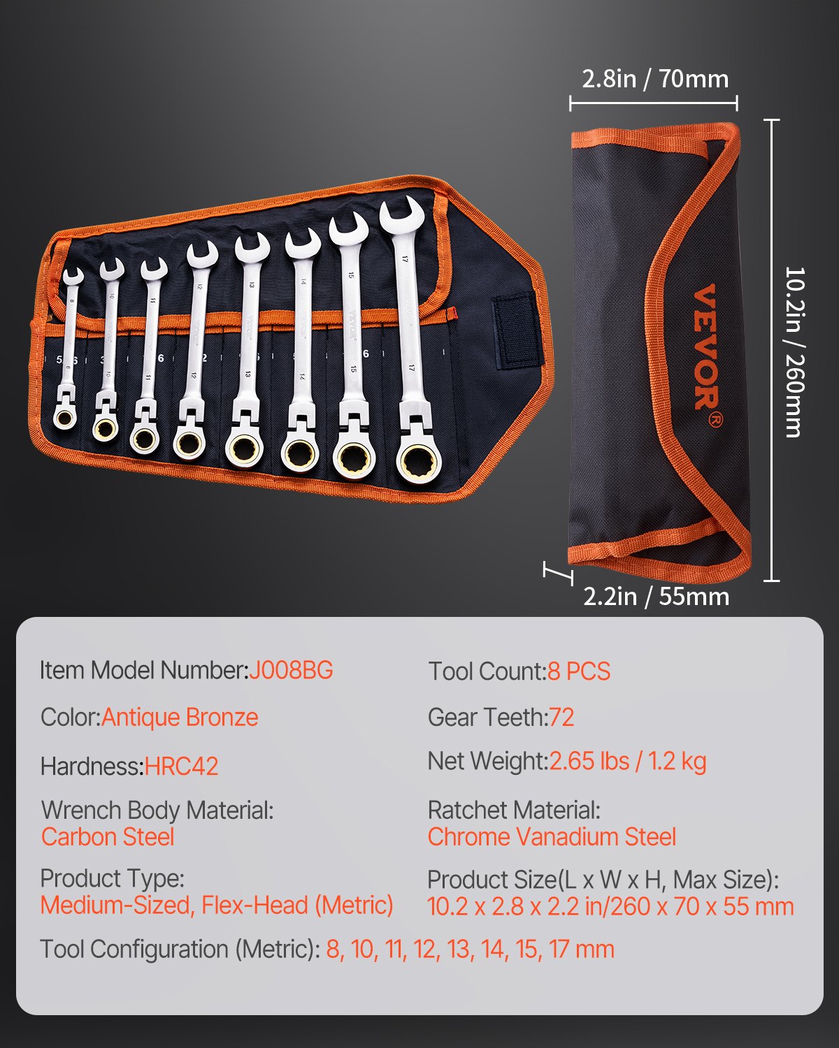 Juego de llaves de carraca flexibles VEVOR, juego de 8 llaves combinadas con estuche enrollable, juego de llaves de carraca flexibles de acero Cr-V, medidas métricas de 8 mm a 17 mm, ideal para el hogar en general y reparaciones de automóviles.