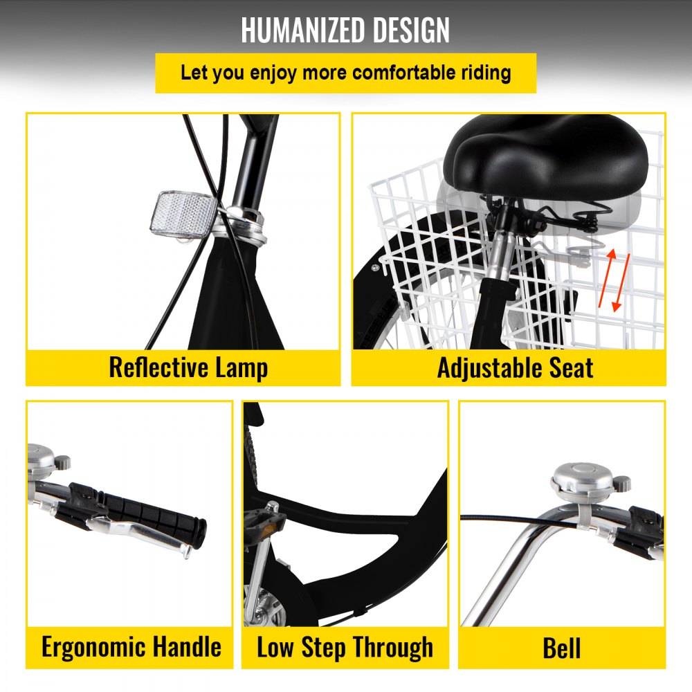 VEVOR Triciclo para Adultos Triciclos de carga Triciclo plegable Bicicleta con canastade 1 Velocidad y 3 Ruedas Negro de 20 ' Grande para Montar