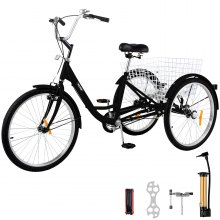 Triciclo para Adultos de 1 Velocidad y 3 Ruedas Bicicleta Triciclo Negro de 20 '' con Canasta Grande para Montar