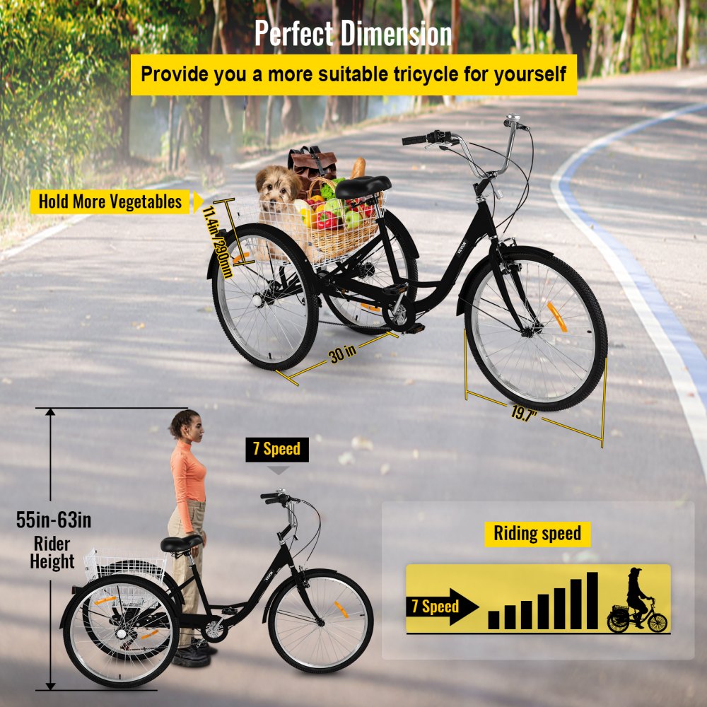 VEVOR Triciclo para Adultos Triciclos de carga Triciclo plegable Bicicleta con canastade 7 Velocidad y 3 Ruedas Negro 20 ' Grande para Montar