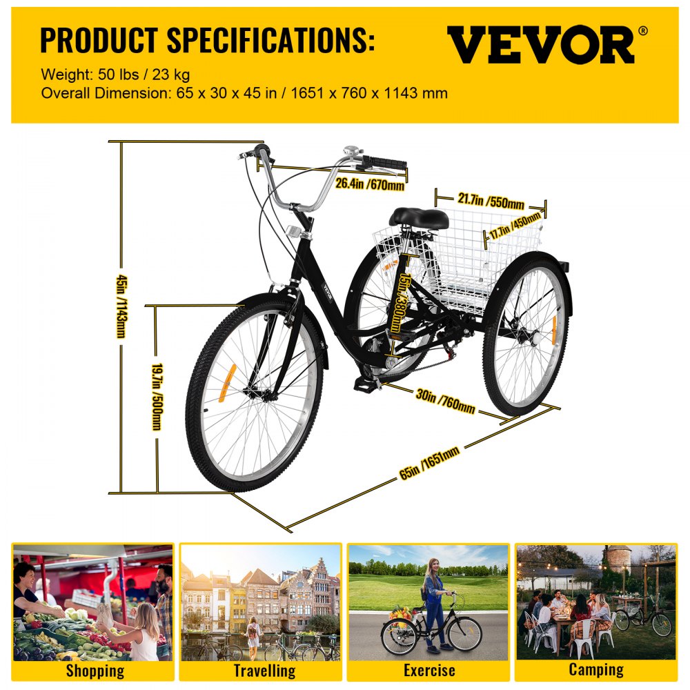VEVOR Triciclo para Adultos Triciclos de carga Triciclo plegable Bicicleta con canastade 7 Velocidad y 3 Ruedas Negro 20 ' Grande para Montar