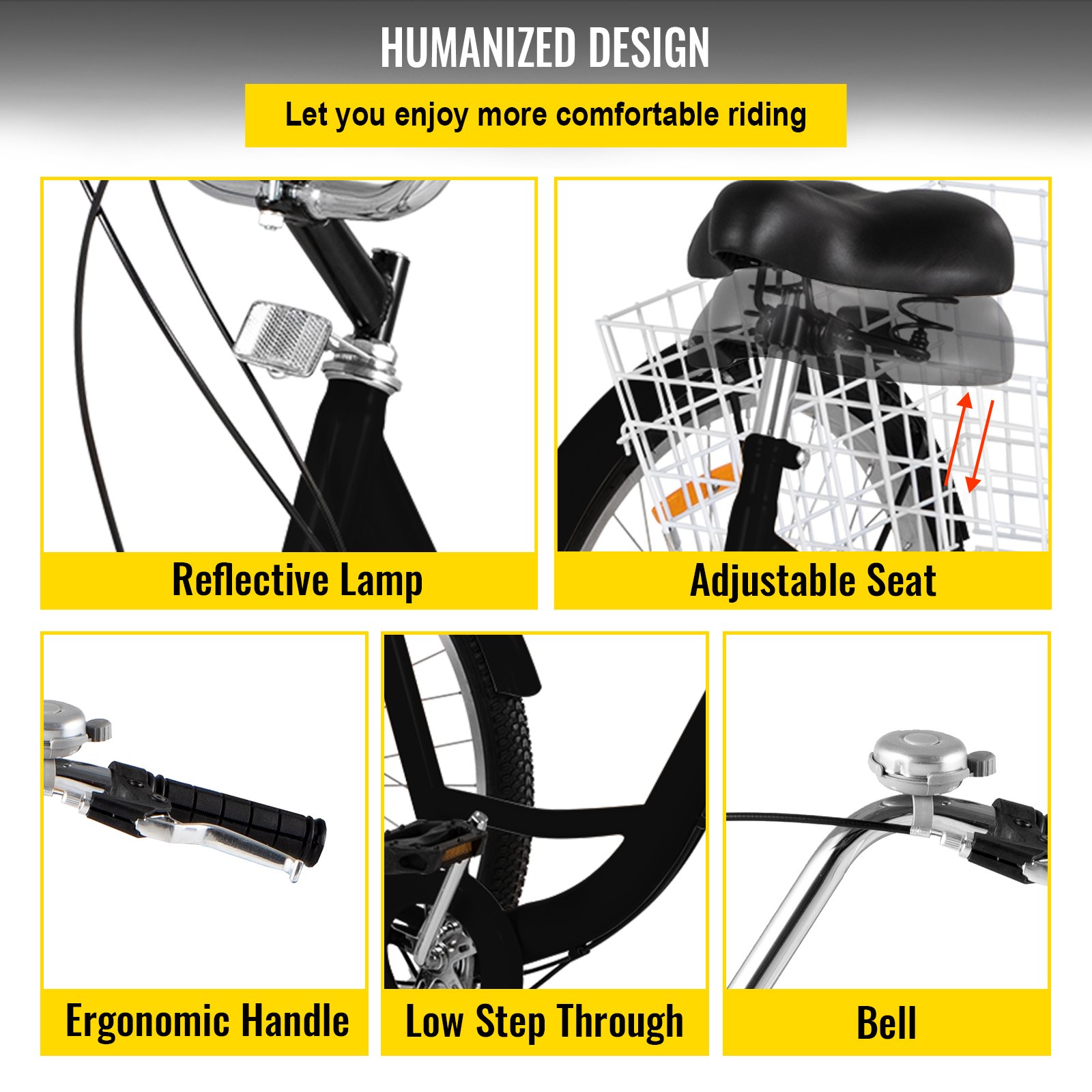 VEVOR Triciclo para Adultos Triciclos de carga Triciclo plegable Bicicleta con canastade 7 Velocidad y 3 Ruedas Negro 20 ' Grande para Montar