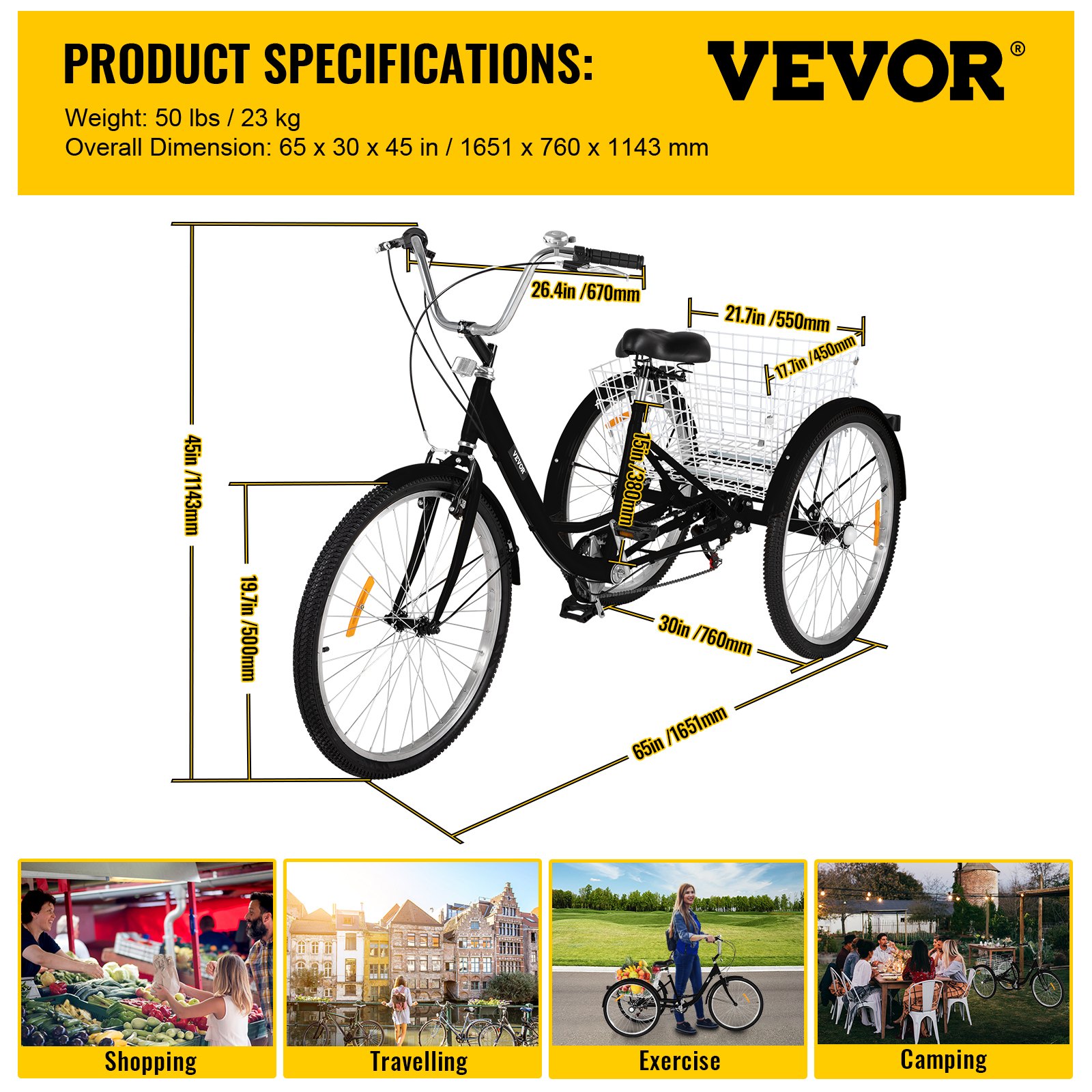 VEVOR Triciclo para Adultos Triciclos de carga Triciclo plegable Bicicleta con canastade 7 Velocidad y 3 Ruedas Negro 20 ' Grande para Montar
