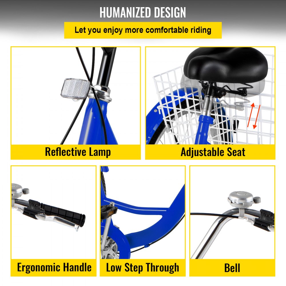 VEVOR Triciclo para Adultos Triciclos de carga Triciclo plegable de 1 Velocidad y 3 Ruedas Azul de 24 ' Bicicleta con canasta Grande para Montar