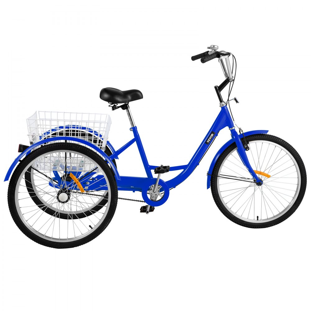 VEVOR Triciclo para Adultos Triciclos de carga Triciclo plegable de 1 Velocidad y 3 Ruedas Azul de 24 ' Bicicleta con canasta Grande para Montar