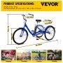 VEVOR Triciclo para Adultos Triciclos de carga Triciclo plegable de 1 Velocidad y 3 Ruedas Azul de 24 ' Bicicleta con canasta Grande para Montar