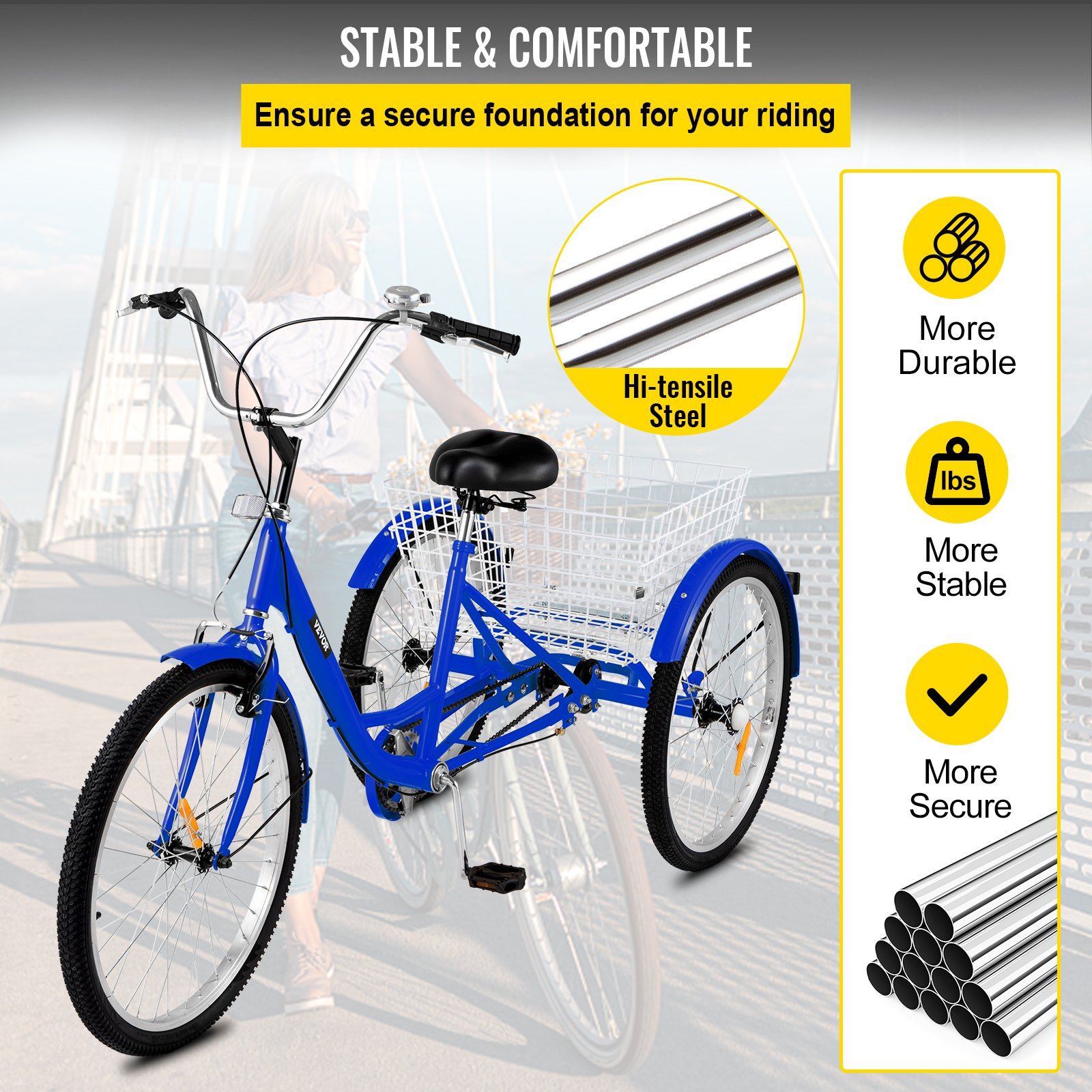 VEVOR Triciclo para Adultos Triciclos de carga Triciclo plegable de 1 Velocidad y 3 Ruedas Azul de 24 ' Bicicleta con canasta Grande para Montar