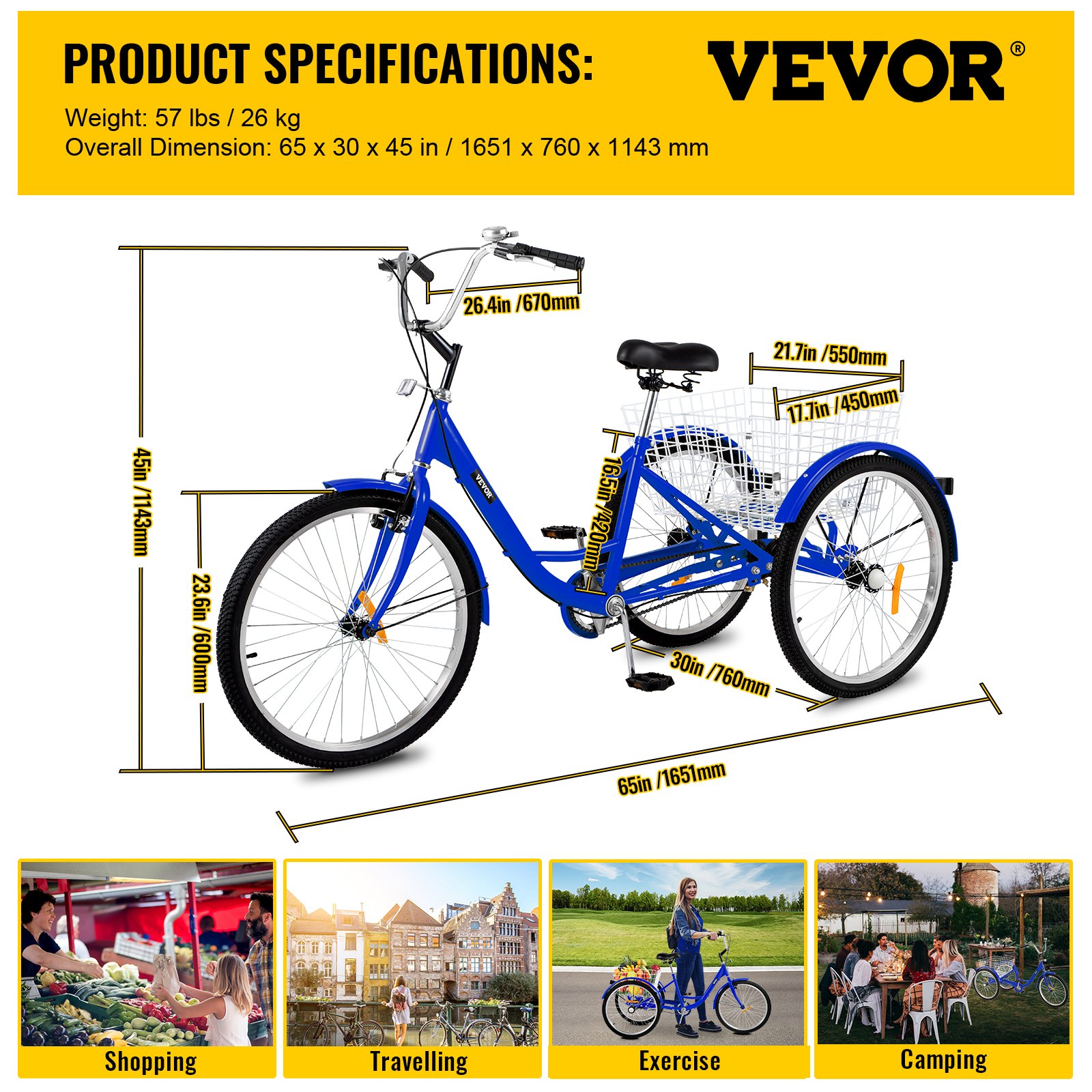 VEVOR Triciclo para Adultos Triciclos de carga Triciclo plegable de 1 Velocidad y 3 Ruedas Azul de 24 ' Bicicleta con canasta Grande para Montar