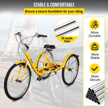 VEVOR Triciclo para adultos Triciclo de carga de 7 velocidades y 3 ruedas bicicleta con cesta amarilla de 24 pulgadas grande para montar
