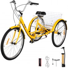Triciclo para adultos de 7 velocidades y 3 ruedas, bicicleta amarilla de 24 pulgadas con cesta grande para montar