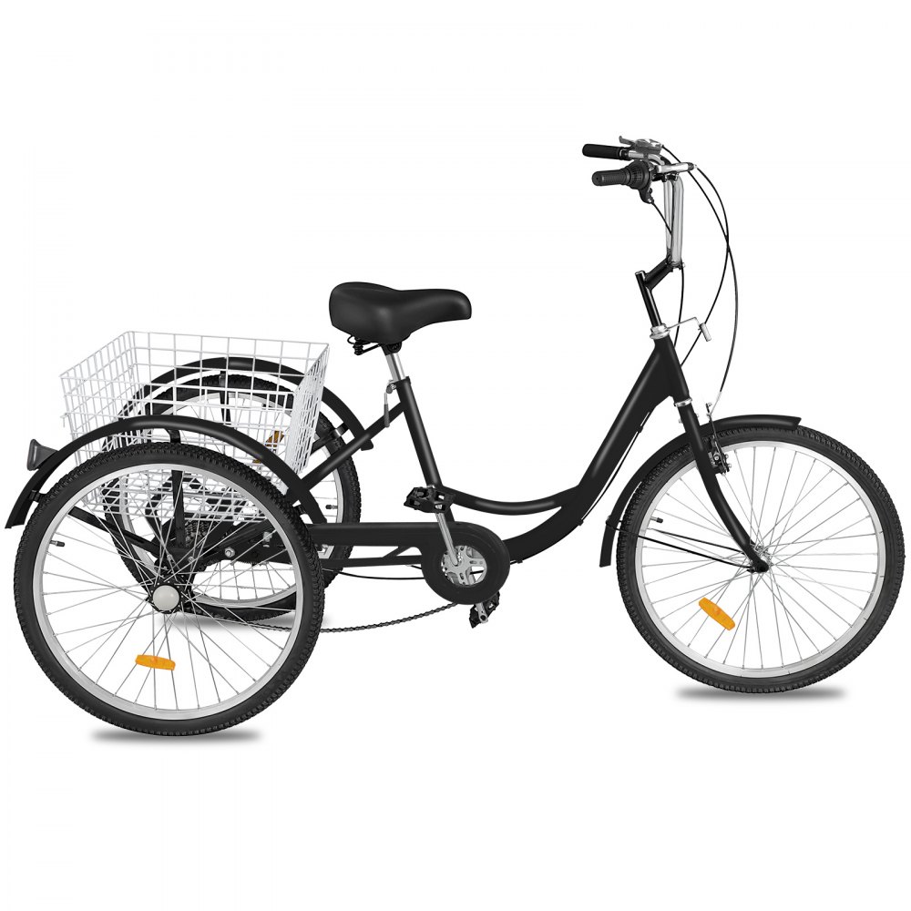 VEVOR Triciclo para adultos de 3 ruedas y 7 velocidades, bicicleta BlackTrike de 24 pulgadas con canasta grande para andar