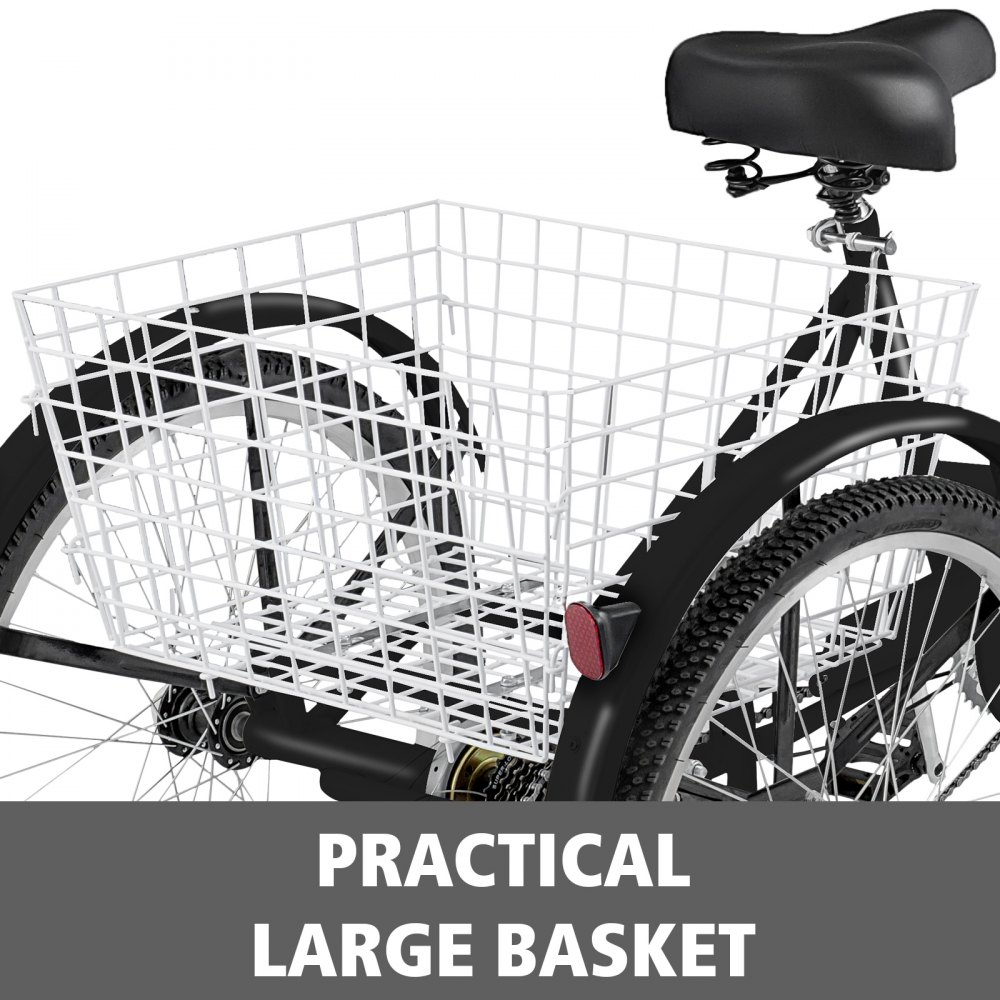 VEVOR Triciclo para adultos de 3 ruedas y 7 velocidades, bicicleta BlackTrike de 24 pulgadas con canasta grande para andar