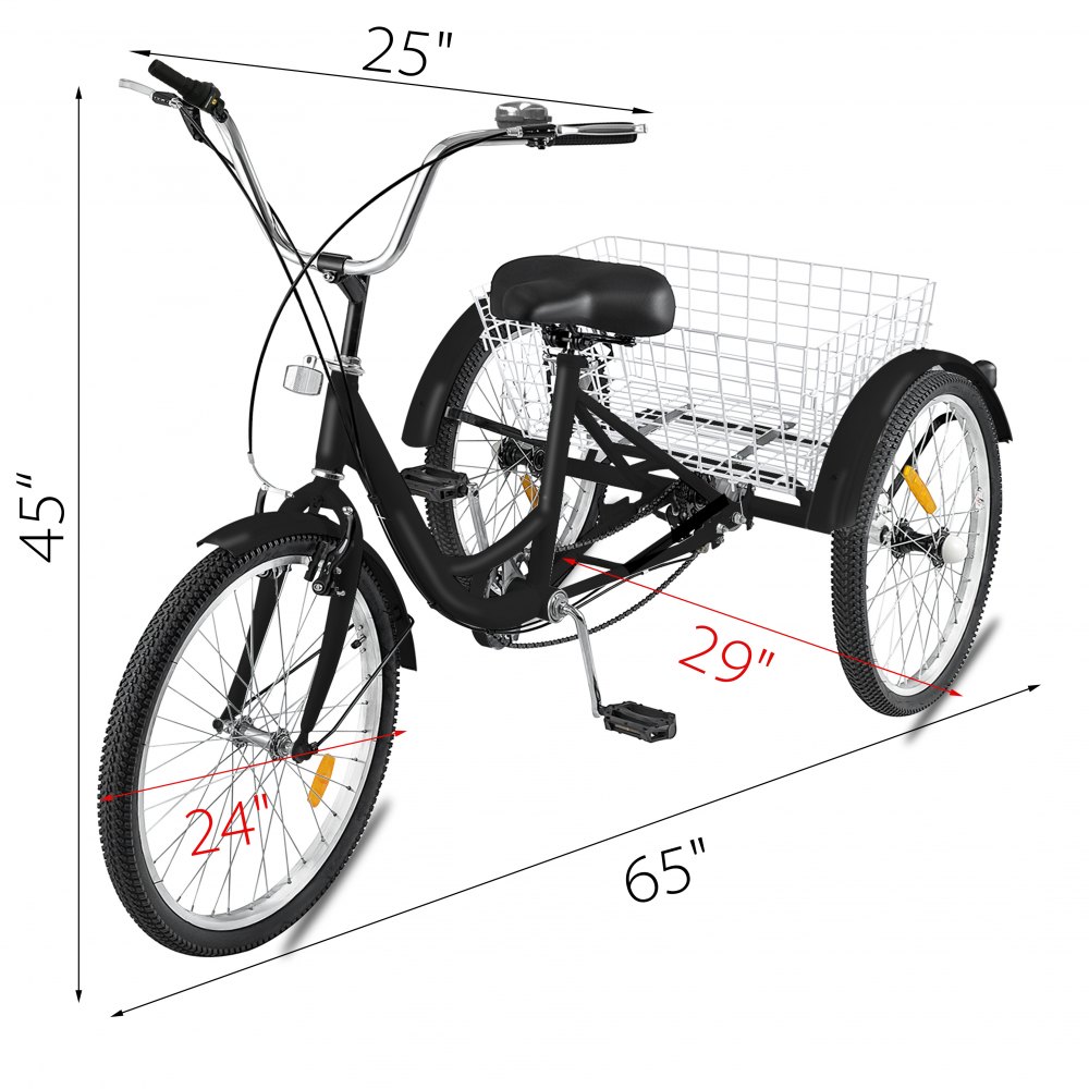 VEVOR Triciclo para adultos de 3 ruedas y 7 velocidades, bicicleta BlackTrike de 24 pulgadas con canasta grande para andar