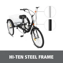 VEVOR Triciclo para Adultos Triciclos de carga Triciclo plegable Bicicleta con canasta de 3 Ruedas 7 Velocidad Triciclo de 24' con Canasta