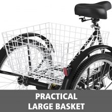 VEVOR Triciclo para Adultos Triciclos de carga Triciclo plegable Bicicleta con canasta de 3 Ruedas 7 Velocidad Triciclo de 24' con Canasta
