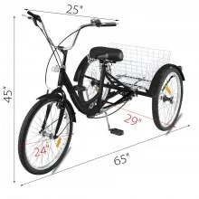 VEVOR Triciclo para Adultos Triciclos de carga Triciclo plegable Bicicleta con canasta de 3 Ruedas 7 Velocidad Triciclo de 24' con Canasta