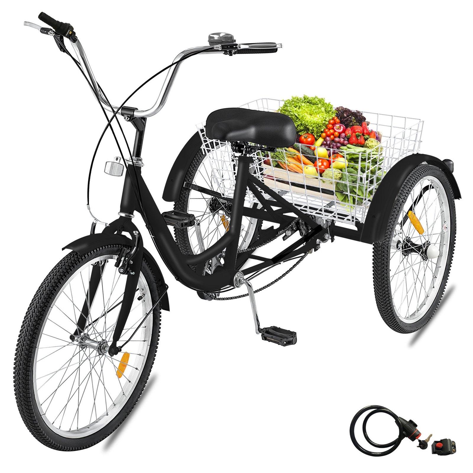 VEVOR Triciclo para adultos de 3 ruedas y 7 velocidades, bicicleta BlackTrike de 24 pulgadas con canasta grande para andar