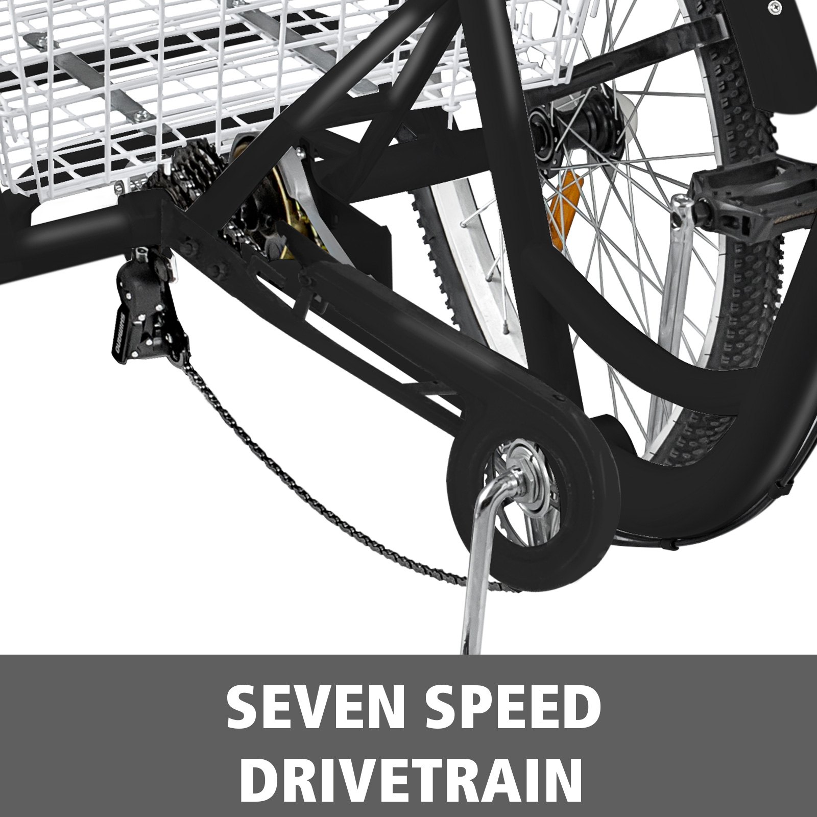 VEVOR Triciclo para adultos de 3 ruedas y 7 velocidades, bicicleta BlackTrike de 24 pulgadas con canasta grande para andar