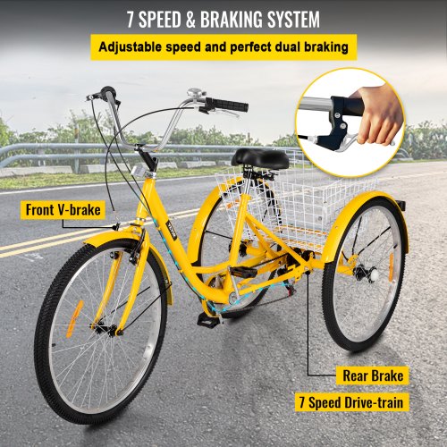 Tuspuzz Adult Tricycle 7 Speed Wheel Size Cruise Bike 26in Adjustable Trike with Bell, Brake System Cruiser Bicycles Large Size Basket for Shopping (Yellow 26 7 Speed)