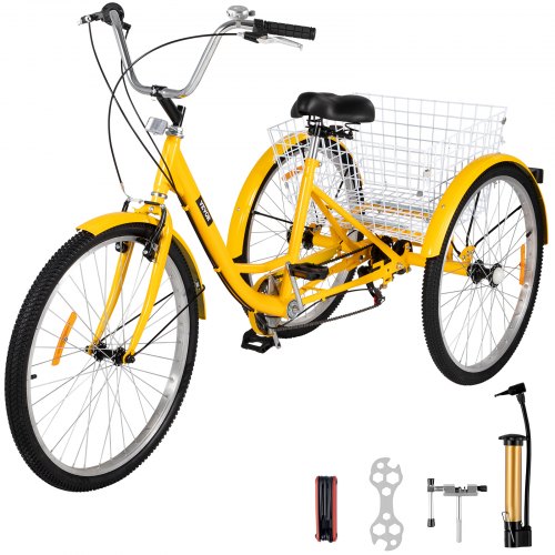 Tuspuzz Adult Tricycle 7 Speed Wheel Size Cruise Bike 26in Adjustable Trike with Bell, Brake System Cruiser Bicycles Large Size Basket for Shopping (Yellow 26 7 Speed)
