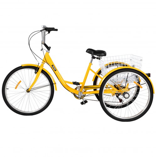 Tuspuzz Adult Tricycle 7 Speed Wheel Size Cruise Bike 26in Adjustable Trike with Bell, Brake System Cruiser Bicycles Large Size Basket for Shopping (Yellow 26 7 Speed)