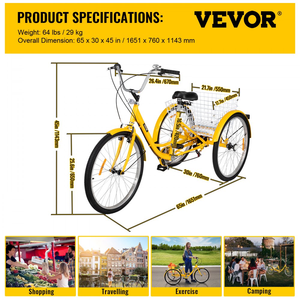 Triciclo para adultos VEVOR de 26 pulgadas, cuadro amarillo con canasta trasera, ideal para ir de compras, hacer ejercicio, acampar y viajar.