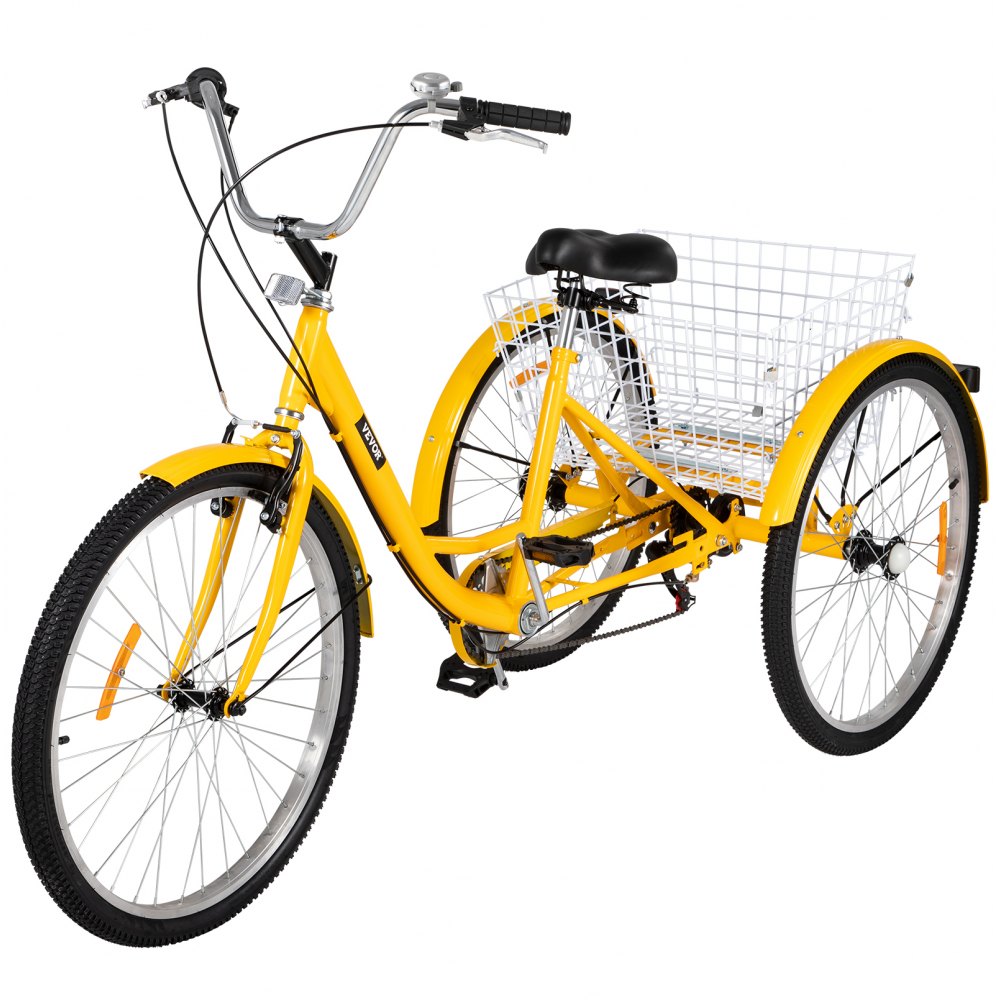 Triciclo VEVOR amarillo para adultos de 26 pulgadas con canasta trasera grande y cómodo asiento negro.