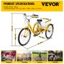 VEVOR Tuspuzz Adult Tricycle 7 Speed Wheel Size Cruise Bike 26in Adjustable Trike with Bell, Brake System Cruiser Bicycles Large Size Basket for Shopping (Yellow 26 7 Speed)