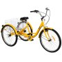 Triciclo VEVOR amarillo para adultos de 26 pulgadas, canasta grande, asiento negro y manillar alto.