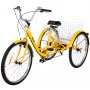 Triciclo VEVOR amarillo para adultos de 26 pulgadas con canasta trasera grande y cómodo asiento negro.