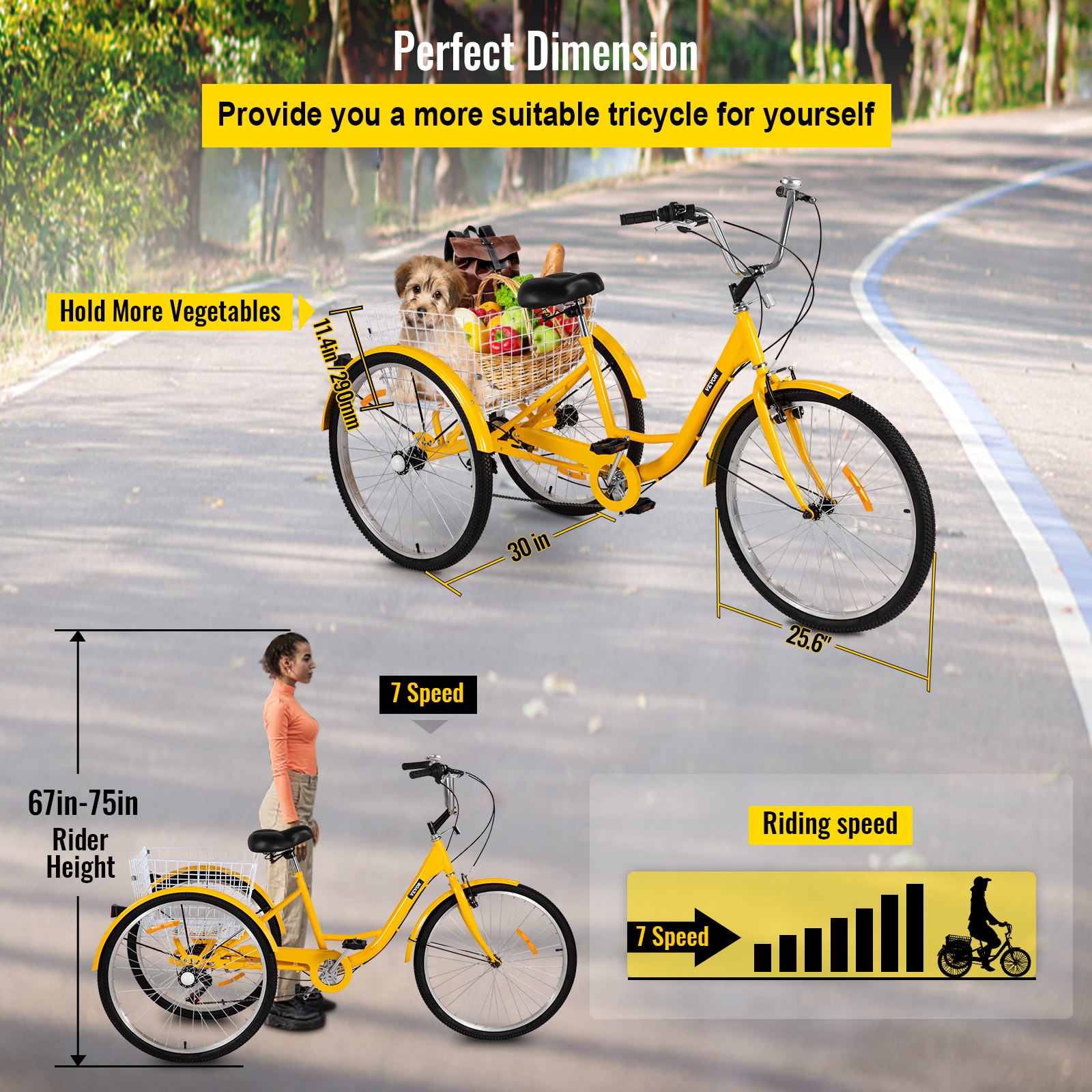 El triciclo para adultos VEVOR de 26 pulgadas cuenta con 7 velocidades, ideal para transportar alimentos y mascotas.