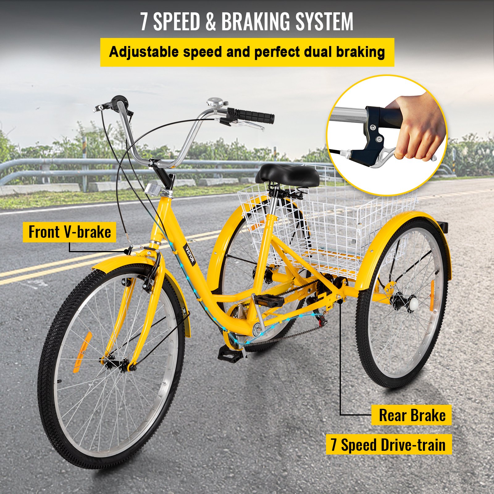 Triciclo para adultos VEVOR amarillo de 26 pulgadas con sistema de 7 velocidades, freno V-brake delantero y canasta trasera.