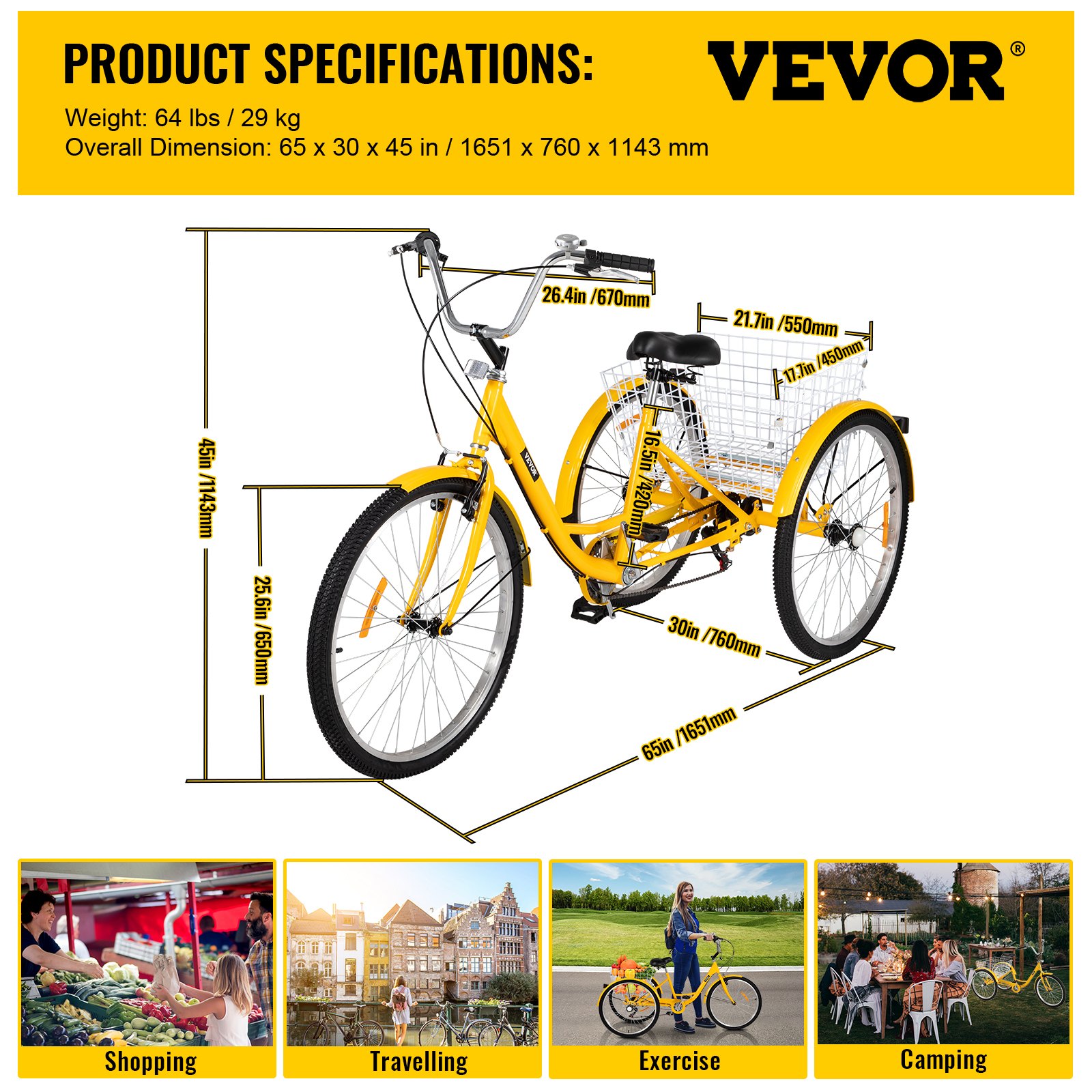 Triciclo para adultos VEVOR de 26 pulgadas, cuadro amarillo con canasta trasera, ideal para ir de compras, hacer ejercicio, acampar y viajar.