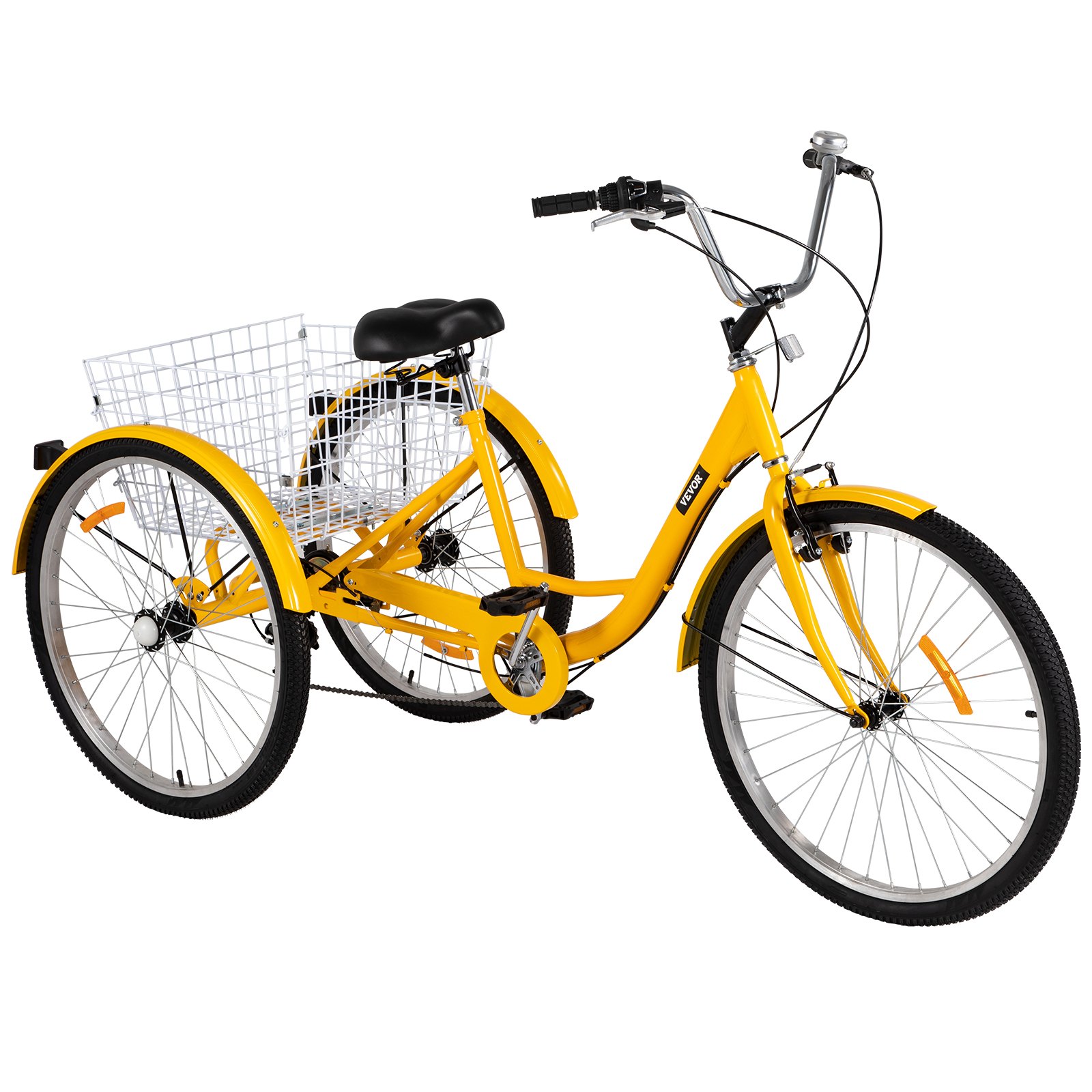Triciclo VEVOR amarillo para adultos de 26 pulgadas, canasta grande, asiento negro y manillar alto.