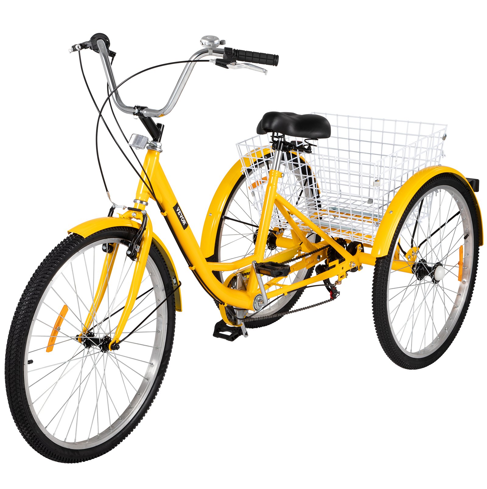 Triciclo VEVOR amarillo para adultos de 26 pulgadas con canasta trasera grande y cómodo asiento negro.