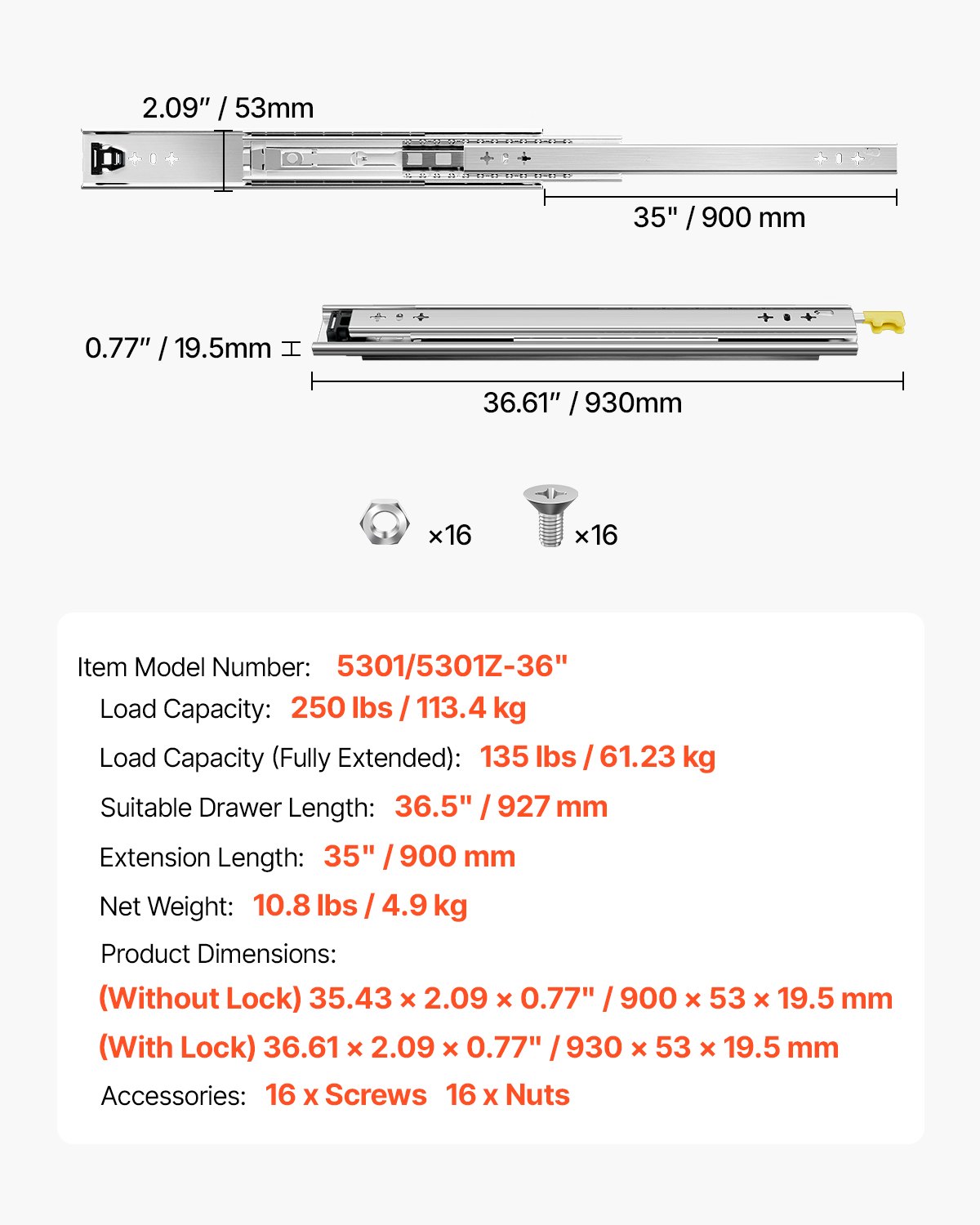 VEVOR 1 Par de Correderas para Cajones de Extensión Completa, Capacidad Carga 113,4 kg, Rodamiento de Bolas con Riel Deslizante para Cajones de Montaje Lateral con Bloqueo, 900 x 53 x 19,5 mm
