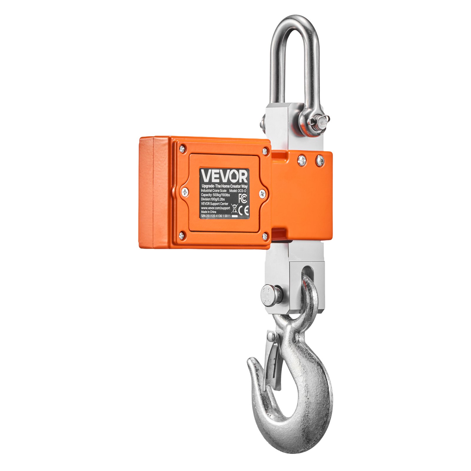 Báscula de grúa digital VEVOR, capacidad máxima de 1100 lb/500 kg, báscula colgante industrial resistente con carcasa de aluminio fundido y pantalla LCD, división de 0,2 lb e interruptor de 3 unidades, apagado automático para garaje