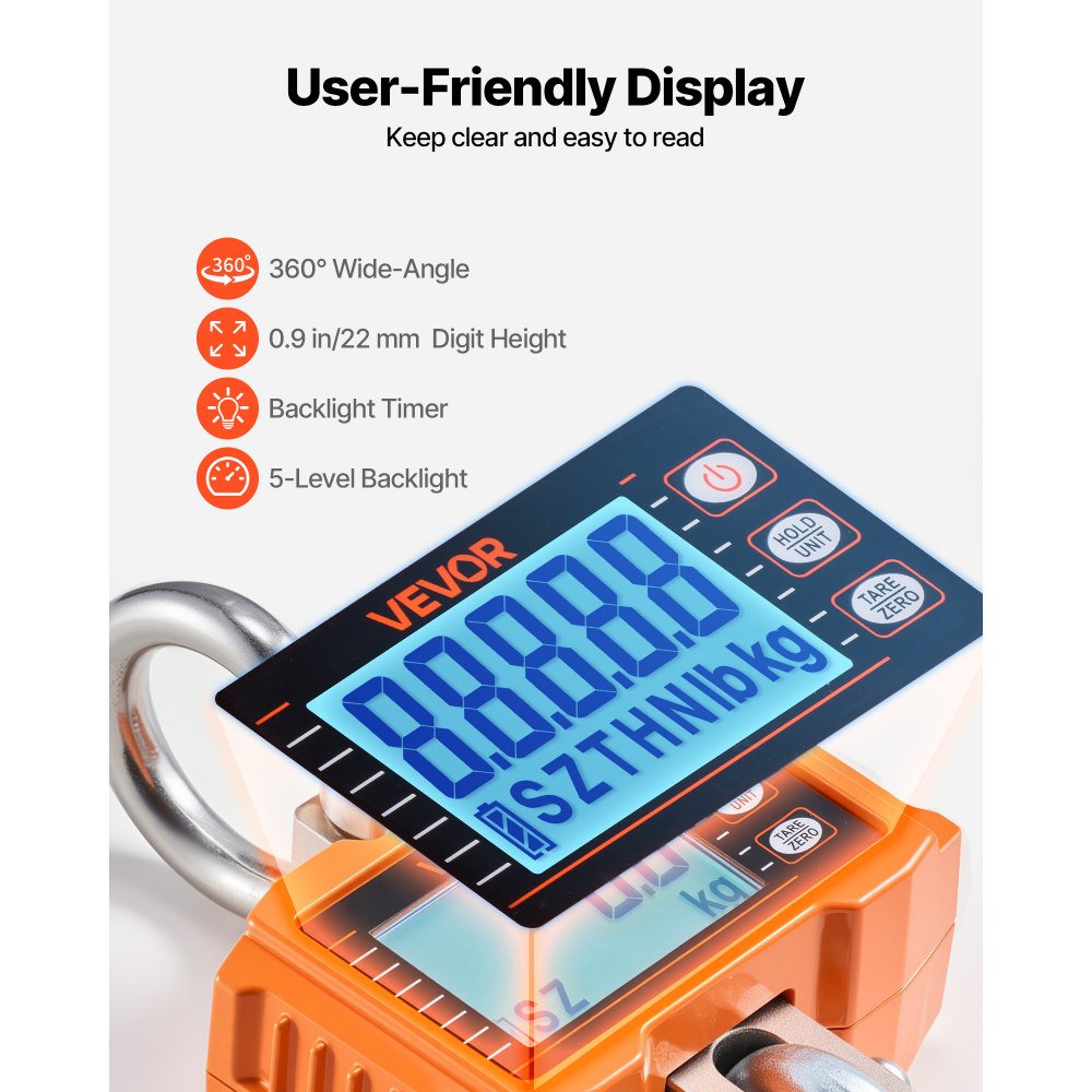 Báscula de grúa digital VEVOR, capacidad máxima de 2000 kg, báscula colgante industrial resistente con carcasa de aluminio fundido y pantalla LCD, división de 1 lb e interruptor de 3 unidades, control remoto para garaje y fábrica.