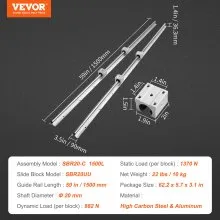 VEVOR Juego de rieles de guía lineal, SBR20 1500 mm, 2 PCS 59 in/1500 mm SBR20 Rieles de guía y 4 PCS SBR20UU Bloques deslizantes, rieles lineales y kit de rodamientos para máquinas automatizadas Proyecto de bricolaje Máquinas de enrutador CNC