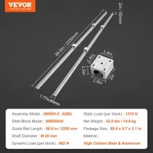 VEVOR Juego de rieles guía lineales, SBR20 2200 mm, 2 rieles guía SBR20 de 86,6 pulgadas/2200 mm y 4 bloques deslizantes SBR20UU, rieles lineales y kit de rodamientos para máquinas automatizadas Proyectos de bricolaje Máquinas enrutadoras CNC