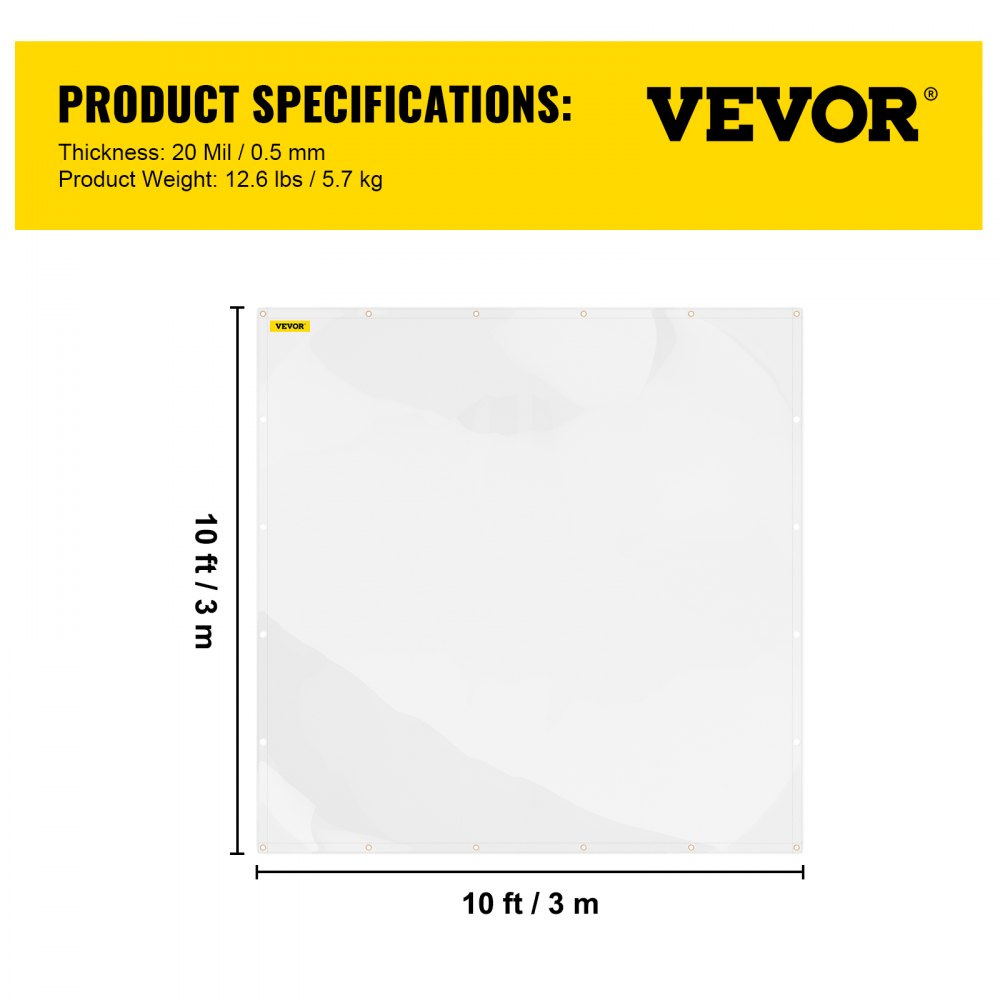 Lona de vinilo transparente VEVOR, 10 x 10 pies, 20 mil de grosor, caja de patio impermeable de alta resistencia, lona de PVC transparente resistente a desgarros y a la intemperie, con ojales de latón y bordes reforzados para cubierta exterior