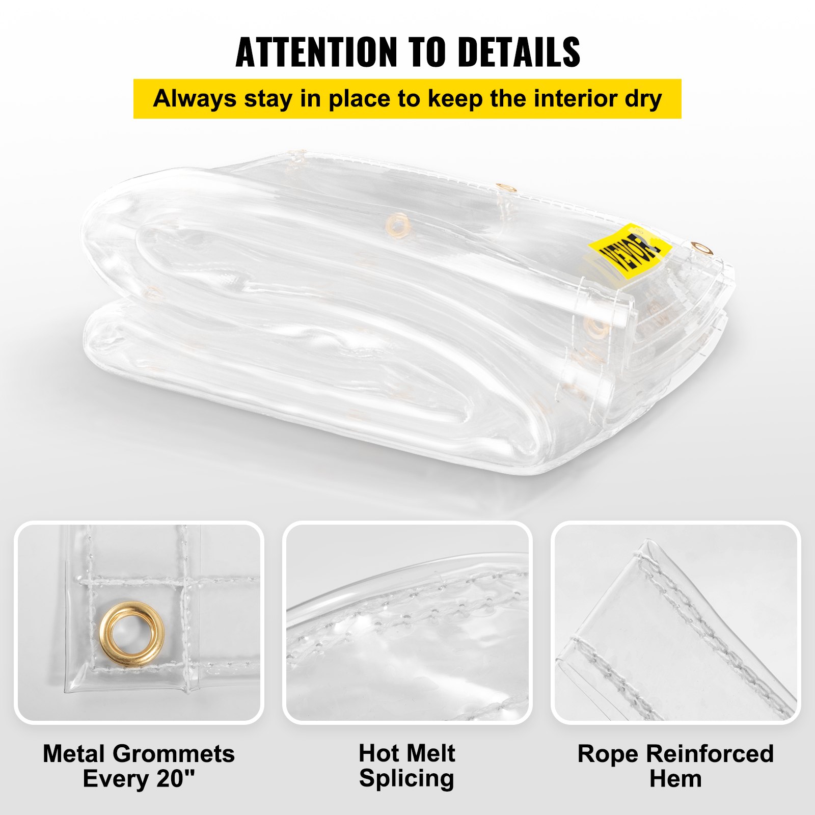 Lona de vinilo transparente VEVOR, 10 x 10 pies, 20 mil de grosor, caja de patio impermeable de alta resistencia, lona de PVC transparente resistente a desgarros y a la intemperie, con ojales de latón y bordes reforzados para cubierta exterior
