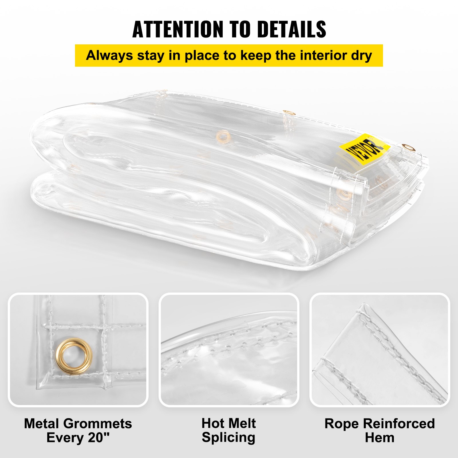 Lona de vinilo transparente VEVOR, 8 x 10 pies, 20 mil de grosor, caja de patio resistente al agua, lona de PVC transparente resistente a rasgaduras y a la intemperie, con ojales de latón y bordes reforzados para cubierta exterior