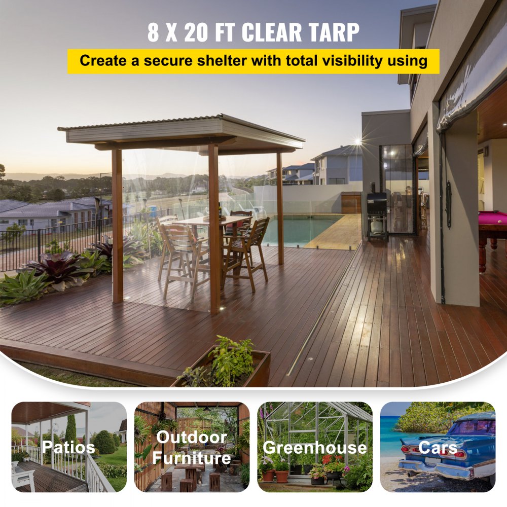 Lona de vinilo transparente VEVOR, 8 x 20 pies, 20 mil de grosor, caja de patio impermeable de alta resistencia, lona de PVC transparente resistente a desgarros y a la intemperie, con ojales de latón y bordes reforzados para cubierta exterior